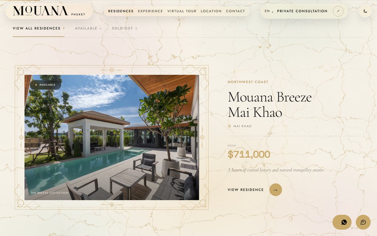 Residences: filterable listing with pricing and availability across all seven communities